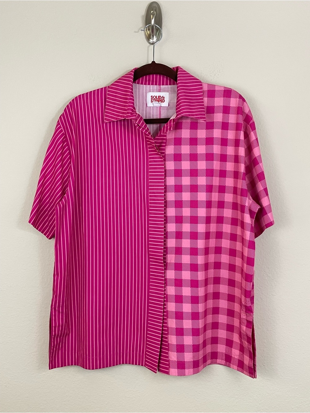 Solid & Striped Gingham Striped Mixed Print Poplin Relaxed Sutton Shirt Size S - Picture 2 of 5